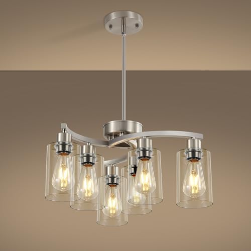 Sigaitwei 6 Light Farmhouse Brushed Nickel Chandelier ，21.7" Modern Chandeliers for Dining Room L...