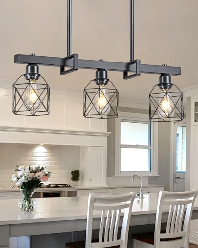 Rjieoc 3-Light Farmhouse Kitchen Island Lighting Black Hardware and Black Metal cage Frame Design...