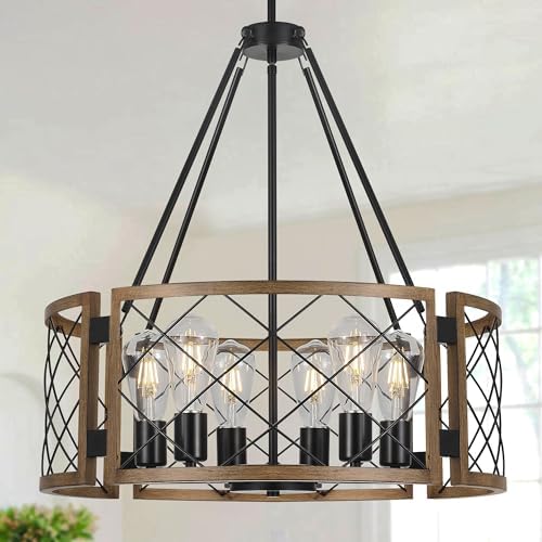 Sigaitwei 6-Light Large Farmhouse Chandelier Brown Rustic Chandelier for Dining Room Wood Texture...