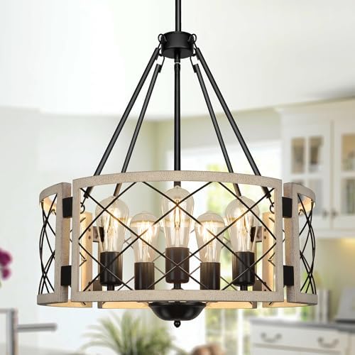 Sigaitwei 18.9'' Farmhouse Drum Chandelier, 5-Light Adjustable Dining Room Light Fixture Kitchen ...