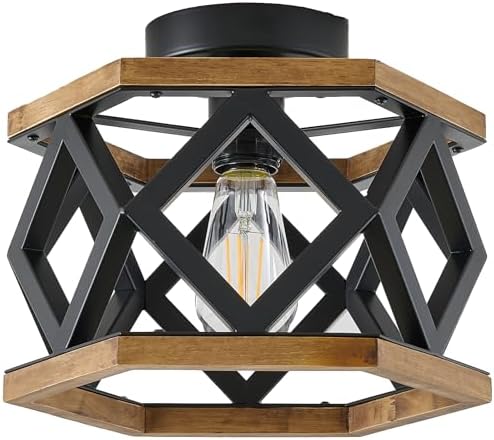 SGLfarmty Farmhouse Ceiling Light Fixture, 11.02" Rustic Semi Flush Mount Light Fixtures with Woo...