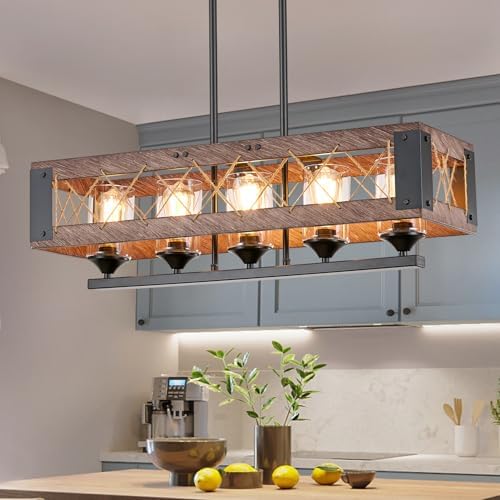 5-Light Farmhouse Chandelier for Dining Room, Rustic Wood Color Kitchen Island Lighting, Adjustab...