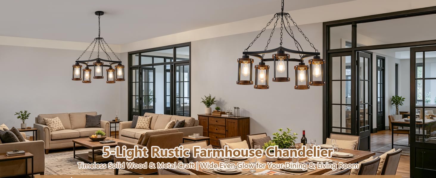 5-Light Living Room Light Fixture, Rustic Mini Chandelier for Dining Room