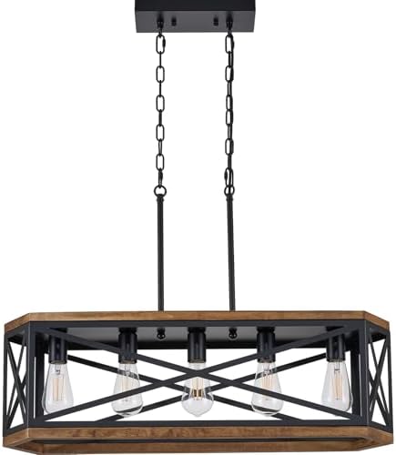 SGLfarmty Farmhouse Linear Chandelier, 5-Light Rustic Rectangular Pendant Light, Hanging Light wi...