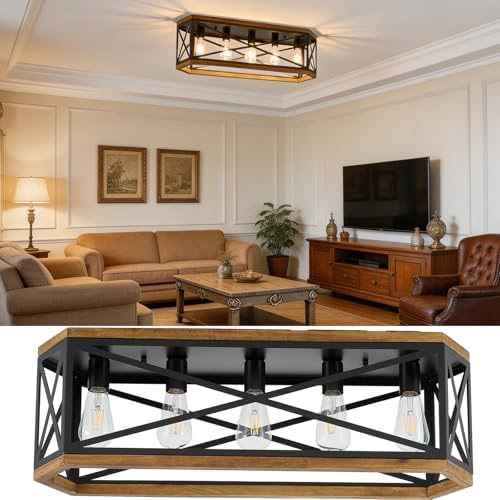 SGLfarmty 5-Light Farmhouse Flush Mount Ceiling Light, 31'' Large Rustic Industrial Black Metal &amp;...