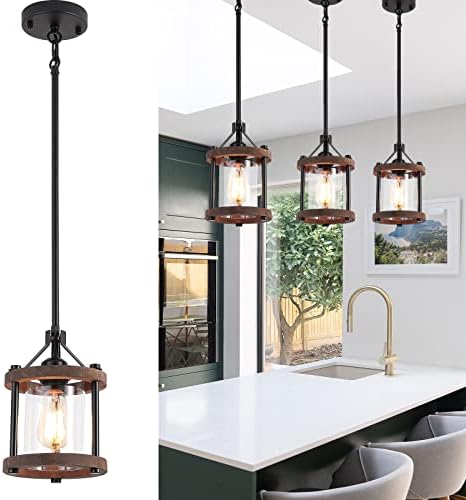 SGLfarmty Farmhouse Pendant Light for Kitchen Island, 1 Pack Rustic Black and Wood Light Fixtures...