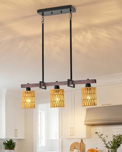 3-Light Kitchen Island Light Fixture, Linear Chandelier for Dining Room, Rustic Pendant Light Ove...