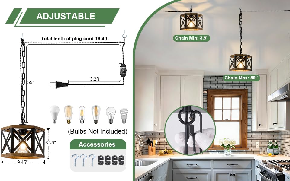 2 Pack Rustic Farmhouse Plug in Pendant Light Fixture