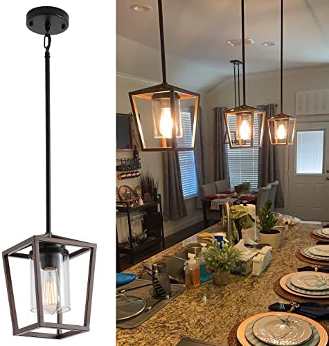 SGLfarmty Pendant Lights for Kitchen Island, 7 Inch Farmhouse Lantern Hanging Light with Clear Gl...