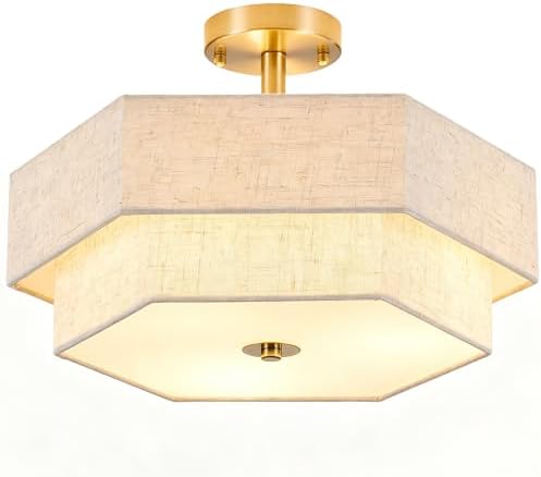 SGLfarmty 17.7" Double Drum Semi Flush Mount Ceiling Light, 3 Lights Fabric Linen Shade Light Fix...