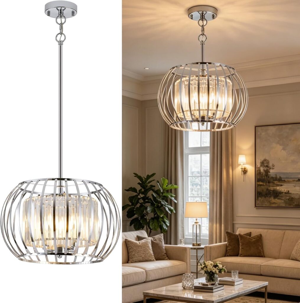 Modern Farmhouse Large Pendant Light, 16.5 Inch Chrome Crystal Chandelier