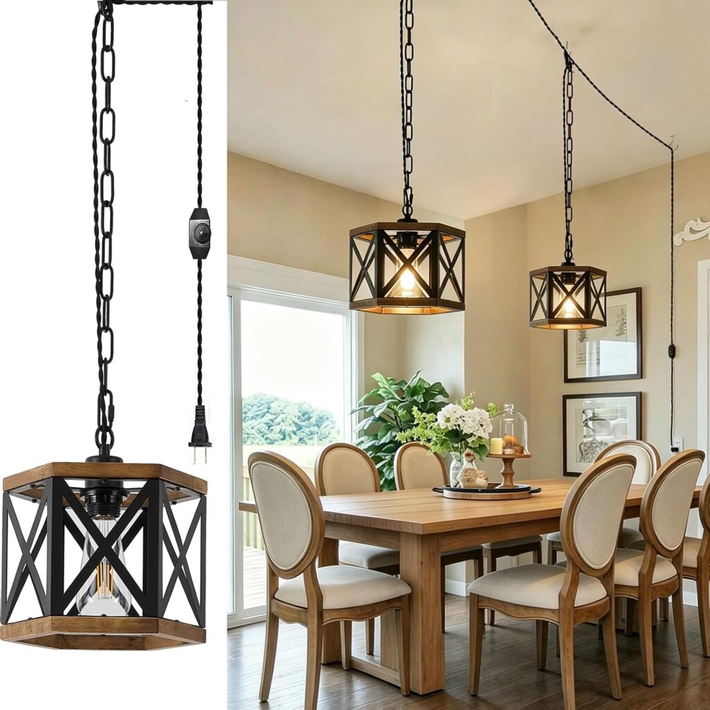 2 Pack Rustic Farmhouse Plug in Pendant Light with Cord & Dimmable Switch