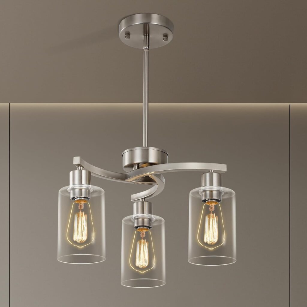 Sigaitwei 3 Light Brushed Nickel Modern Pendant Light, 16.5" Kitchen Island Lighting with Clear Glass Shade, Adjustable Dining Room Chandelier Over Table, Farmhouse Industrial Hanging Fixture