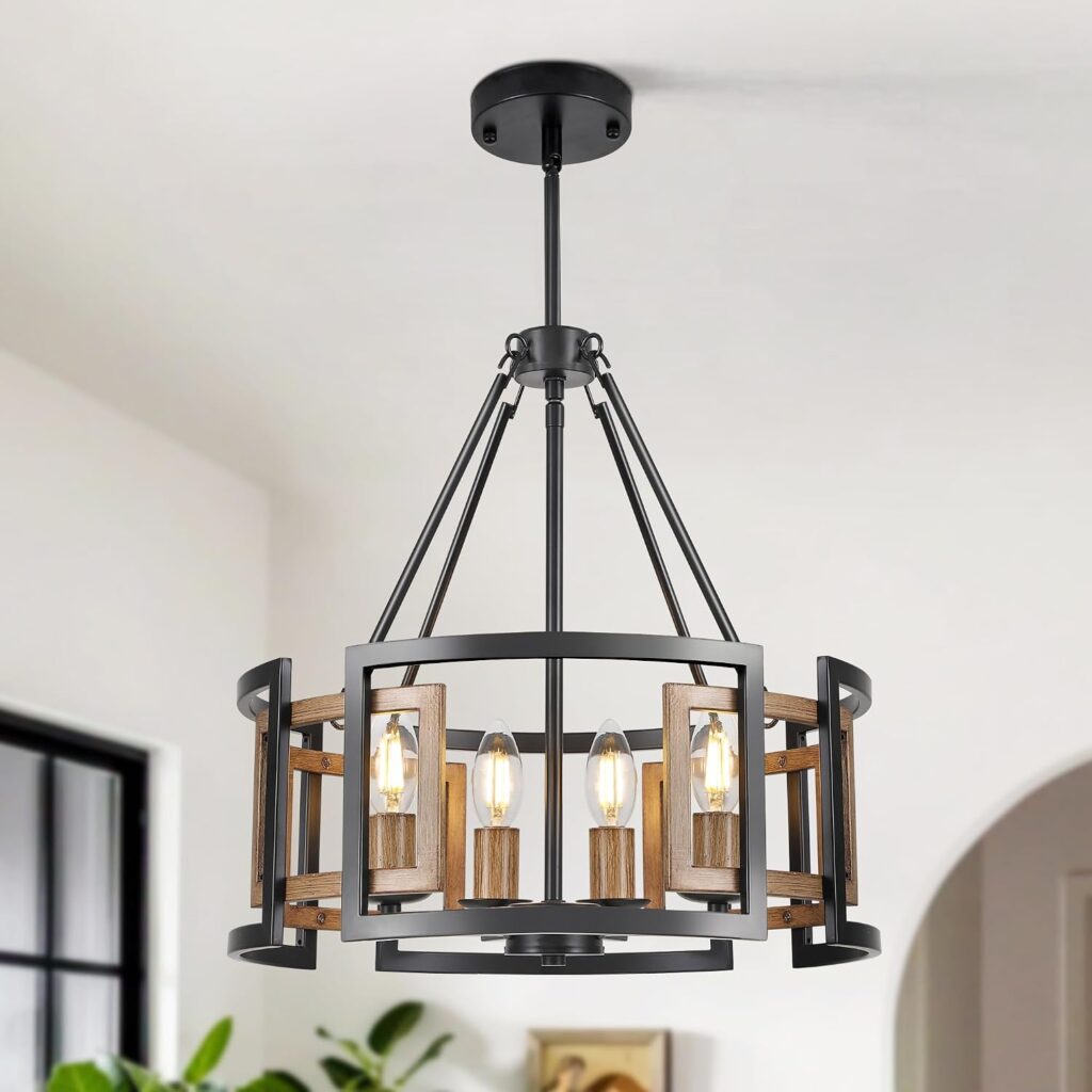 4-Light Drum Chandelier for Dining Room,15.7" Rustic Farmhouse Dining Room Light Fixture,Wood Grain and Vintage Black Metal Chandeliers for Kitchen Entryway Living Room